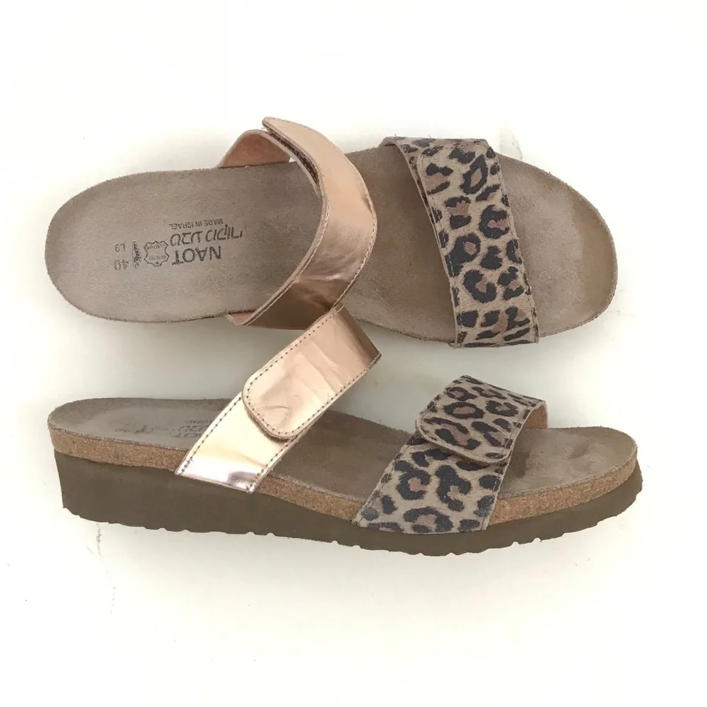 NAOT Leopard Print Sandal Leather Metallic Rose Gold Althea Women’s Size 9